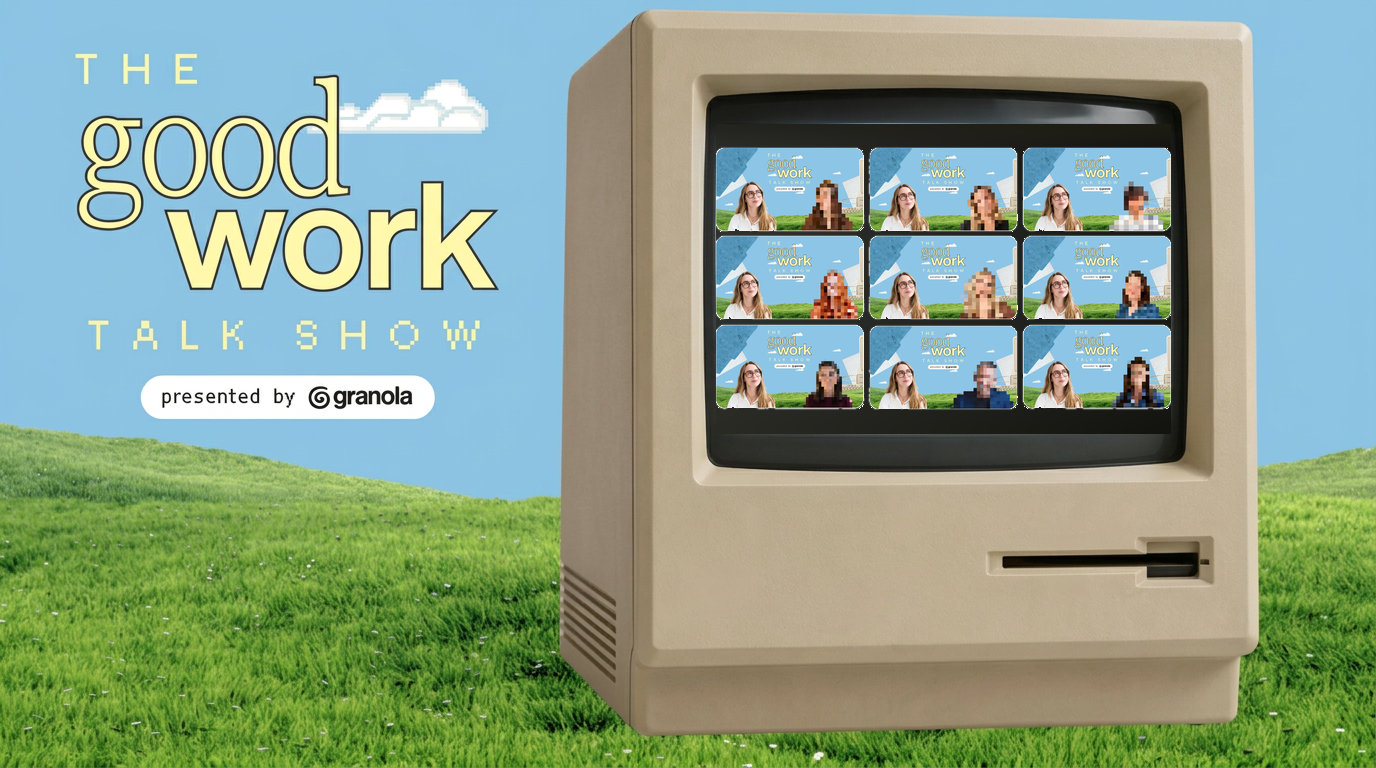 The Good Work Talk Show logo beside a vintage beige Macintosh on a grassy hill, its screen showing a 3x3 grid of episode thumbnails with pixelated guest faces